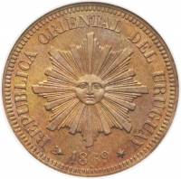 (№1869km12) Монета Уругвай 1869 год 2 Centeacute;simos